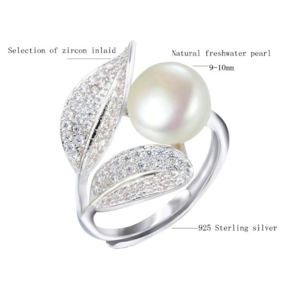 SILVER PEARL CUBIC ZIRCONIA LEAF RING